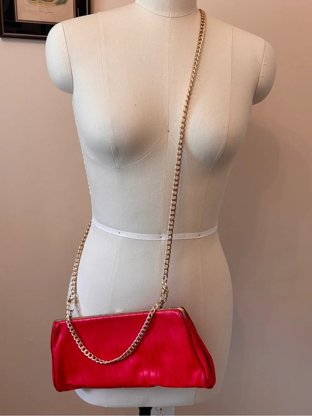 Vintage Red leather clutch with double chain strap.